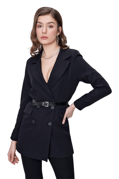 Kadın Siyah Kemer Detaylı Düğmeli Kruvaze Blazer Ceket