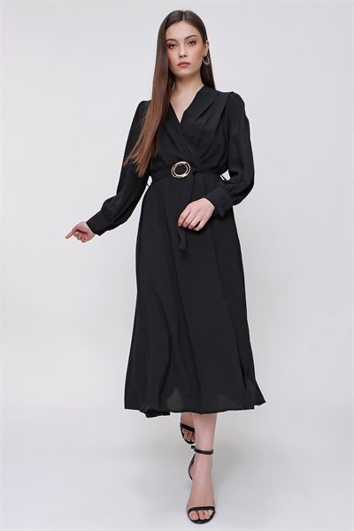 Kadın Siyah Kruvaze Yaka Kuşaklı Ayrobin Elbise