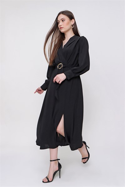Kadın Siyah Kruvaze Yaka Kuşaklı Ayrobin Elbise