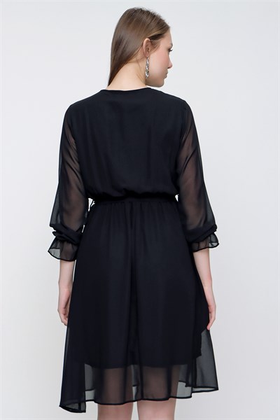 Kadın Siyah Kruvaze Yaka Kuşaklı Midi Elbise