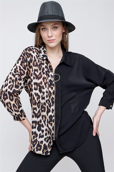 Kadın Siyah Leopar Desenli Fermuarlı Gömlek