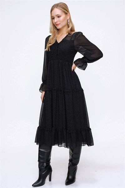 Kadın Siyah Taba Puantiyeli Elbise