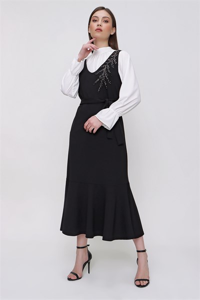 Kadın Siyah Taş İşlemeli Kuşaklı Jile Elbise