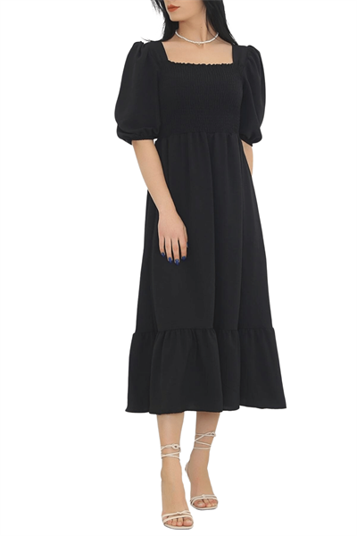 Kadın Siyah Gipeli Kare Yaka Ayrobin Midi Elbise