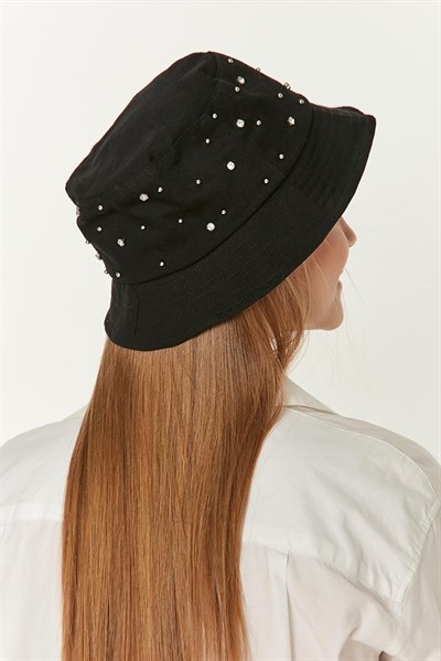 Kadın Siyah Üzeri Taşlı Bucket Şapka
