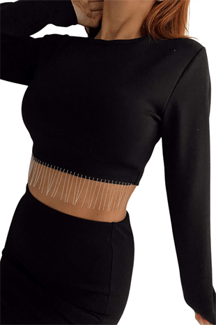 Kadın Siyah Uzun Kol Eteği Zincirli Crop Bluz
