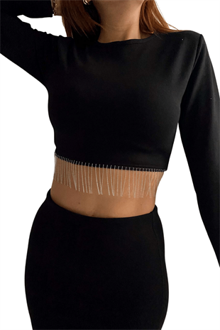 Kadın Siyah Uzun Kol Eteği Zincirli Crop Bluz