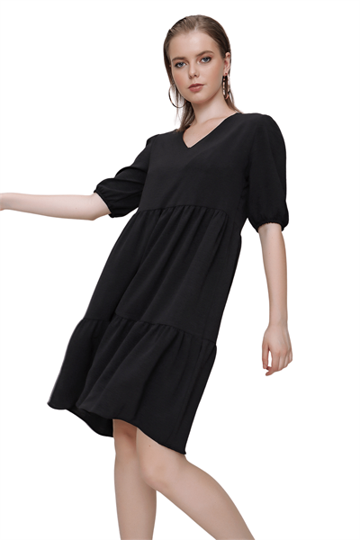 Kadın Siyah V Yaka Midi Ayrobin Elbise