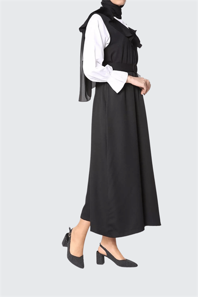 Kadın Siyah Yakası Fırfırlı Kemerli Jile Elbise