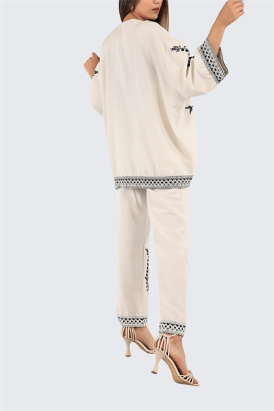 Kadın Taş Nakışlı Etnik Desen Kimono Pantolon Takım