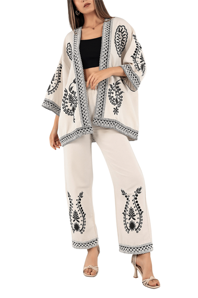 Kadın Taş Nakışlı Etnik Desen Kimono Pantolon Takım