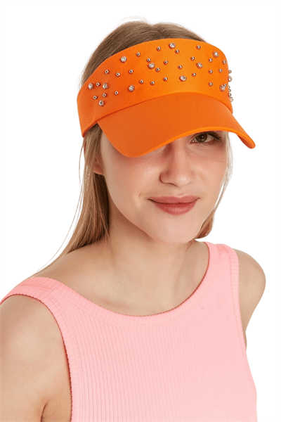 Kadın Turuncu Üzeri Taşlı Tenisçi Şapka