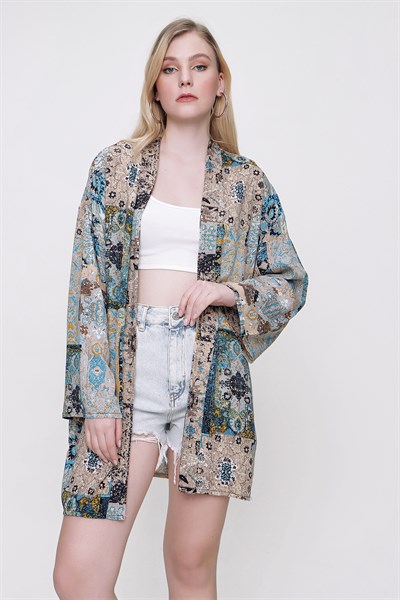 Kadın Vizon Desenli Kimono Ceket