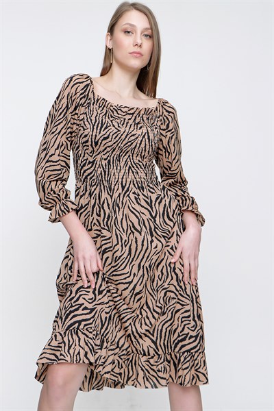 Kadın Vizon Gipeli Zebra Desen Midi Elbise