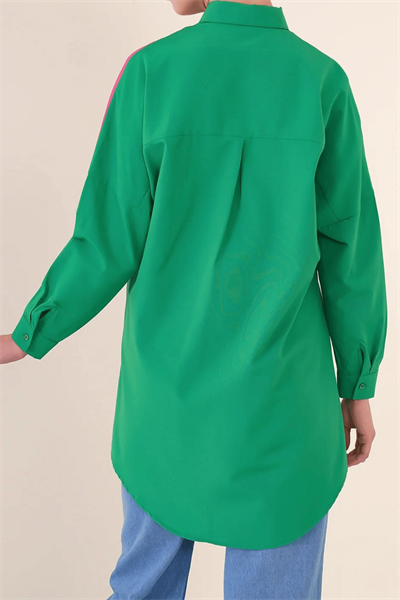 Kadın Yeşil Blok Desen Cepli Uzun Gömlek