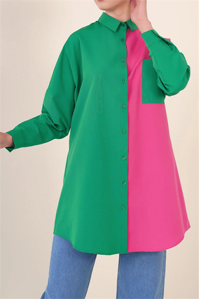 Kadın Yeşil Blok Desen Cepli Uzun Gömlek