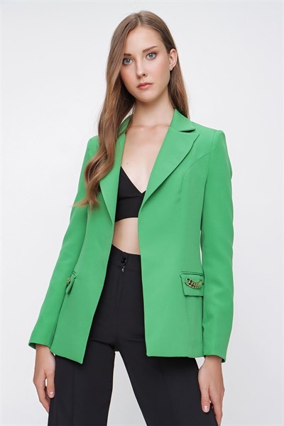 Kadın Yeşil Cep Kapak Zincirli Ceket