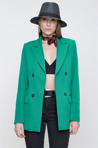 Kadın Yeşil Çift Cep Kapaklı Ceket