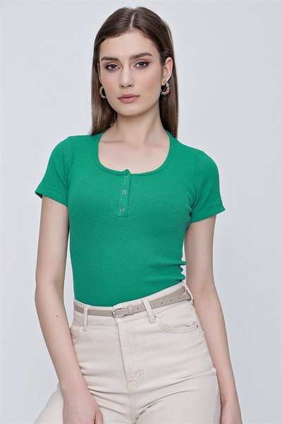 Kadın Yeşil Çıtçıtlı Kısa Kol Crop Bluz