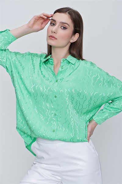 Kadın Yeşil Desenli Saten Tunik