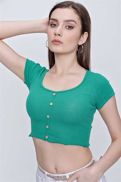 Kadın Yeşil Düğmeli Fitilli Crop Bluz