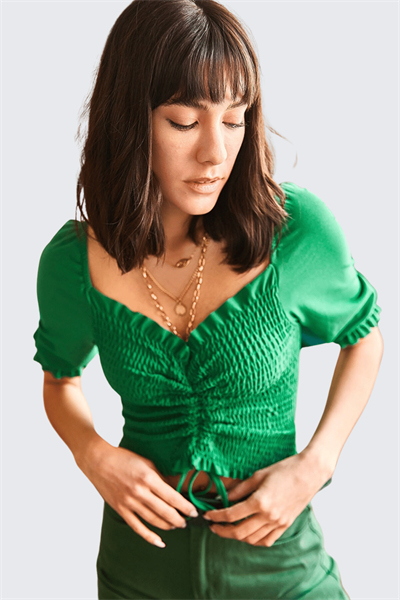 Kadın Yeşil Gipeli Bağcıklı Kısa Kol Bluz