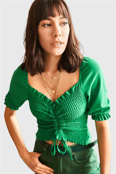 Kadın Yeşil Gipeli Bağcıklı Kısa Kol Bluz