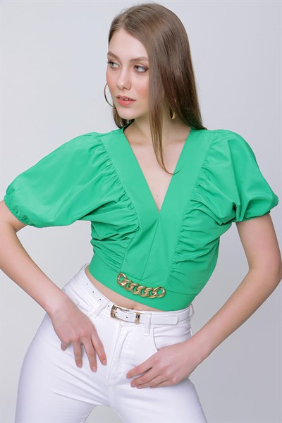 Kadın Yeşil Göbek Üstü Zincirli V Yaka Bluz