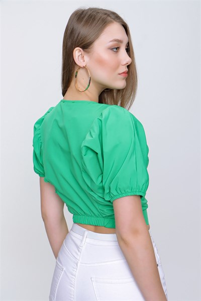 Kadın Yeşil Göbek Üstü Zincirli V Yaka Bluz