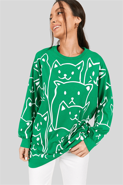 Kadın Yeşil Kedi Baskılı Tunik