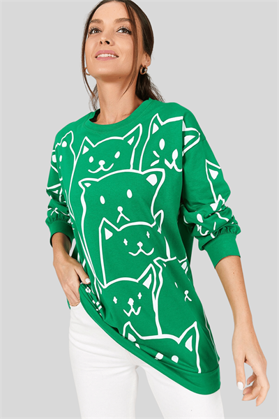 Kadın Yeşil Kedi Baskılı Tunik