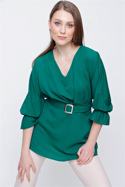 Kadın Yeşil Kemerli Şifon Bluz