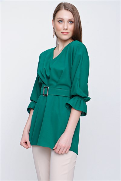 Kadın Yeşil Kemerli Şifon Bluz