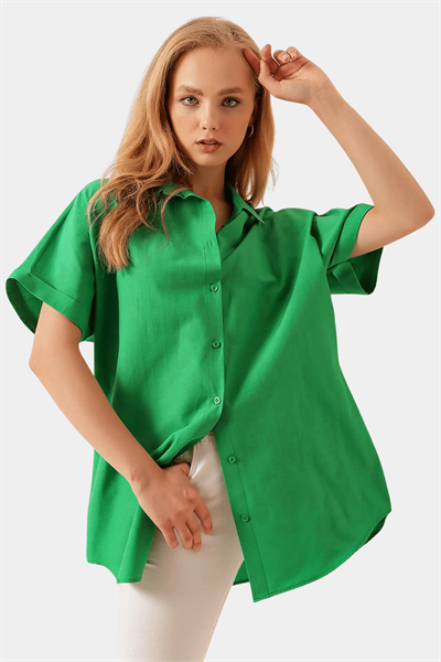 Kadın Yeşil Kısa Kollu Oversize Gömlek