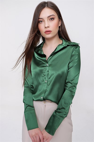 Kadın Yeşil Kol Manşetli Saten Gömlek