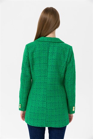 Kadın Yeşil Kruvaze Yaka Metal Düğmeli Şanel Ceket