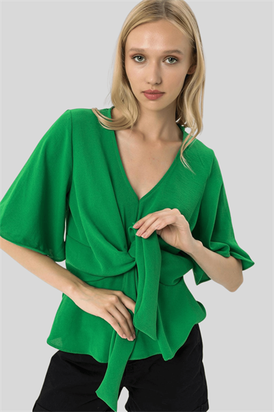 Kadın Yeşil Ön Bağlamalı Yarasa Kol Bluz