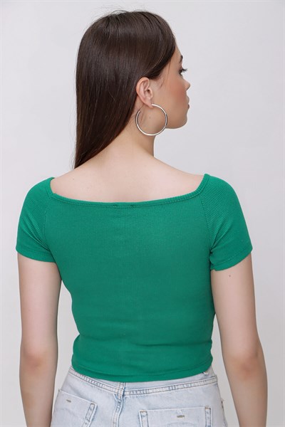 Kadın Yeşil Ön Büzgülü V Yaka Crop Bluz
