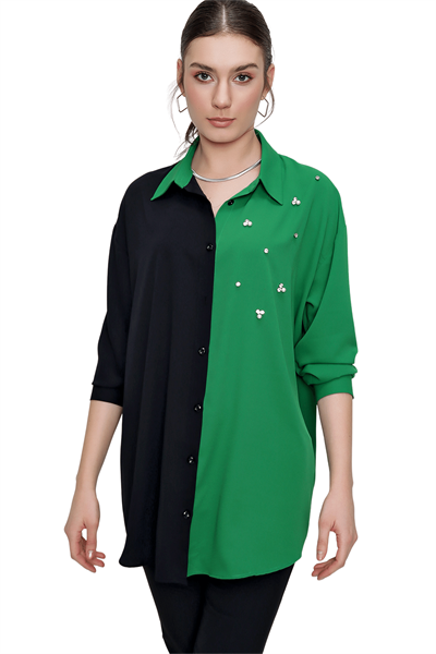 Kadın Yeşil Önü Taşlı Çift Renk Uzun Gömlek