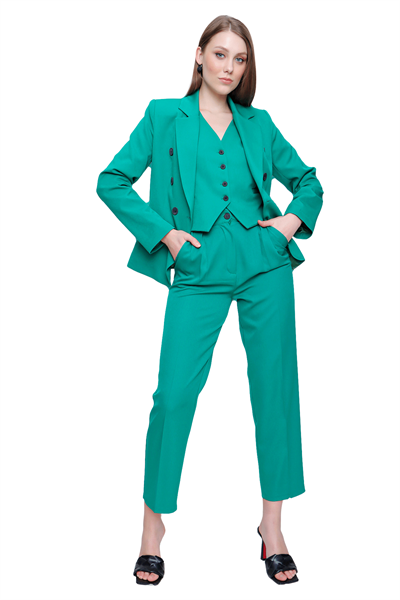 Kadın Yeşil Ceket Yelek Pantolon Üçlü Takım