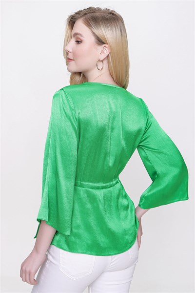Kadın Yeşil V Yaka Bel Sıkmalı Bluz