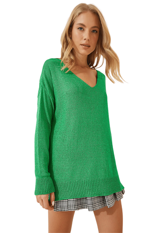 Kadın Yeşil V Yaka Triko Bluz