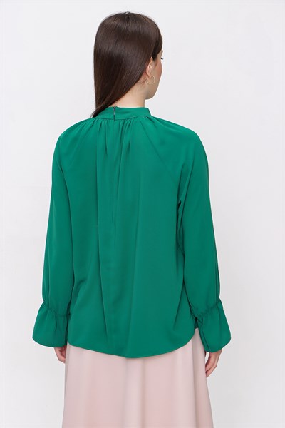 Kadın Yeşil Yaka Büzgülü Kol Lastikli Bluz