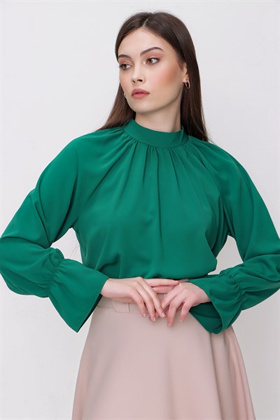 Kadın Yeşil Yaka Büzgülü Kol Lastikli Bluz