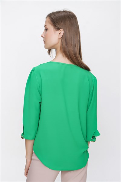 Kadın Yeşil Yaka Ve Kol Zincir Detaylı Şifon Bluz