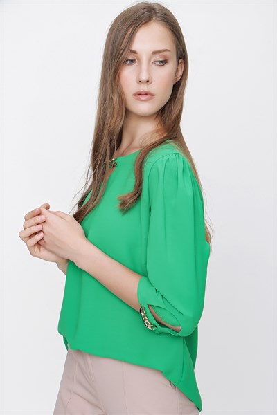 Kadın Yeşil Yaka Ve Kol Zincir Detaylı Şifon Bluz