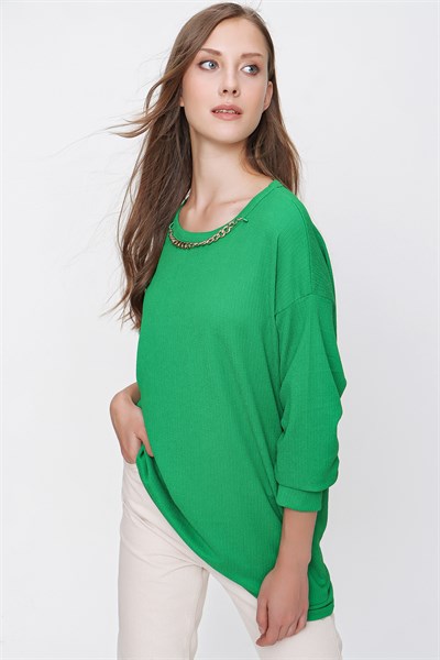 Kadın Yeşil Yaka Zincirli Örme Tunik