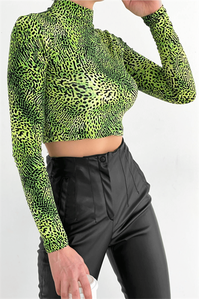 Kadın Yeşil Yarım Balıkçı Leopar Desenli Crop Bluz