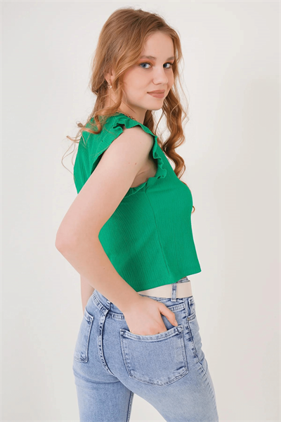 Kadın Yeşil Zincirli Kolu Fırfırlı Örme Bluz