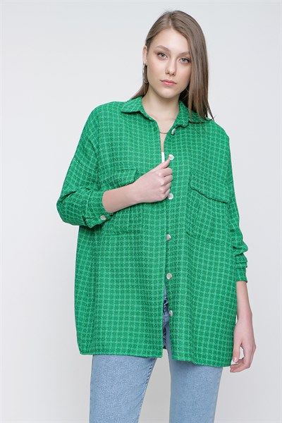 Kadın Zümrüt Yeşil Çift Cep Gömlek